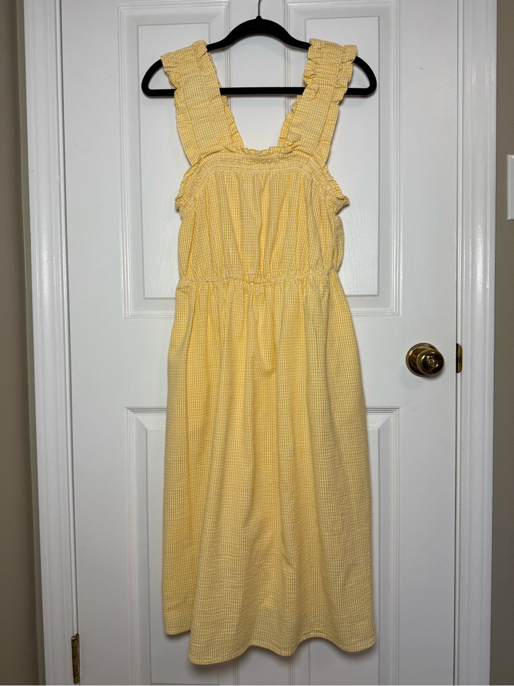 Barbour Abbey Gingham Midi Dress Yellow White Seersucker Smocked Ruffle 8